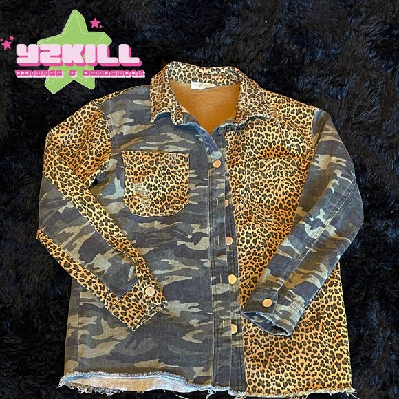 Mystree Camouflage & Cheetah Distressed Denim Button Up - Picture 1 of 5